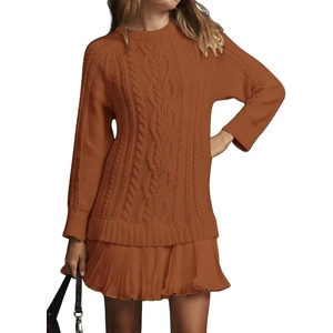 image:imagechouyatou Womens 2025 Fall Winter Cable Knit Pullover Sweater Dress Cute Chiffon Bottom Patchwork Mini Pleated DressCaramel