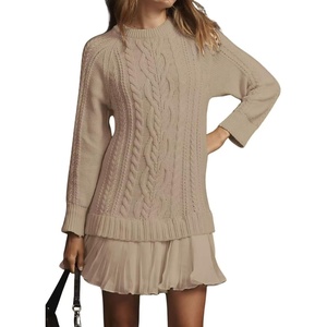 image:imagechouyatou Womens 2025 Fall Winter Cable Knit Pullover Sweater Dress Cute Chiffon Bottom Patchwork Mini Pleated DressKhaki