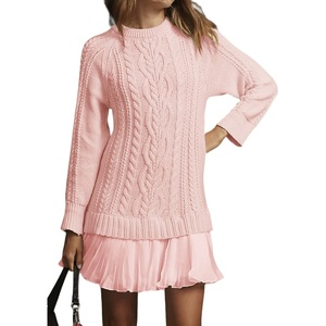 image:imagechouyatou Womens 2025 Fall Winter Cable Knit Pullover Sweater Dress Cute Chiffon Bottom Patchwork Mini Pleated DressPink