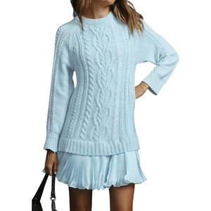 image:imagechouyatou Womens 2025 Fall Winter Cable Knit Pullover Sweater Dress Cute Chiffon Bottom Patchwork Mini Pleated DressSky Blue