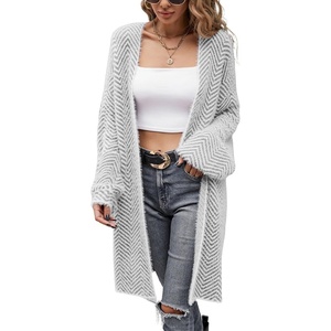 image:imagechouyatou Womens 2025 Open Front Herringbone Striped Cardigans Color Block Fuzzy Knit Midi Long Sweater CardiganGrey