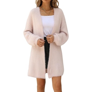 image:imagechouyatou Womens 2025 Open Front Herringbone Striped Cardigans Color Block Fuzzy Knit Midi Long Sweater CardiganPink