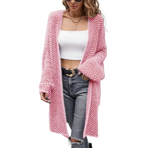 image:imagechouyatou Womens 2025 Open Front Herringbone Striped Cardigans Color Block Fuzzy Knit Midi Long Sweater CardiganRed