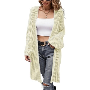 image:imagechouyatou Womens 2025 Open Front Herringbone Striped Cardigans Color Block Fuzzy Knit Midi Long Sweater CardiganYellow