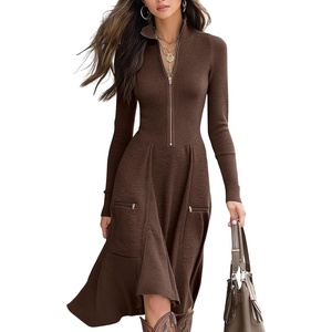 image:imagechouyatou Womens 2026 Winter Fall Dresses Long Sleeve Semi Formal ALine Rib Knit Midi Long Sweater DressCoffee