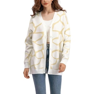 image:imagechouyatou Womens Boho Color Block Floral Cardigans Casual Button Down V Neck Knit Cardigan Sweater Outerwear CoatBeige White