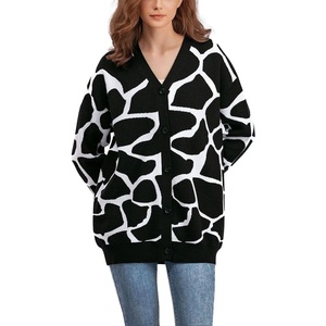 image:imagechouyatou Womens Boho Color Block Floral Cardigans Casual Button Down V Neck Knit Cardigan Sweater Outerwear CoatBlack