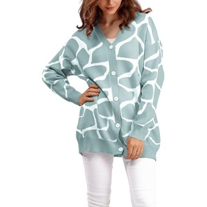image:imagechouyatou Womens Boho Color Block Floral Cardigans Casual Button Down V Neck Knit Cardigan Sweater Outerwear CoatGreen