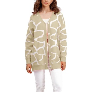 image:imagechouyatou Womens Boho Color Block Floral Cardigans Casual Button Down V Neck Knit Cardigan Sweater Outerwear CoatKhaki