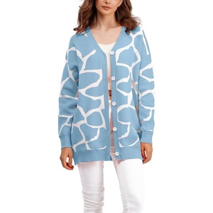 image:imagechouyatou Womens Boho Color Block Floral Cardigans Casual Button Down V Neck Knit Cardigan Sweater Outerwear CoatLight Blue