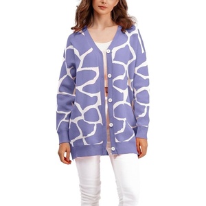 image:imagechouyatou Womens Boho Color Block Floral Cardigans Casual Button Down V Neck Knit Cardigan Sweater Outerwear CoatPurple