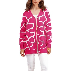 image:imagechouyatou Womens Boho Color Block Floral Cardigans Casual Button Down V Neck Knit Cardigan Sweater Outerwear CoatRose Red