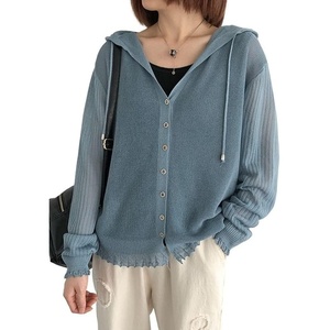 image:imagechouyatou Womens Casual Button Down Hooded Jacquard Knit Cardigan Sweater JacketsBlue