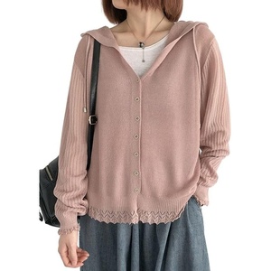 image:imagechouyatou Womens Casual Button Down Hooded Jacquard Knit Cardigan Sweater JacketsPink