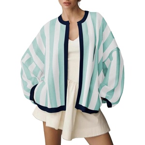 image:imagechouyatou Womens Color Block Striped Cardigan Open Front Loose Fit Cozy Knit Cardigan Sweater JacketGreen