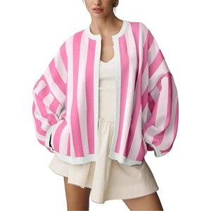 image:imagechouyatou Womens Color Block Striped Cardigan Open Front Loose Fit Cozy Knit Cardigan Sweater JacketPink