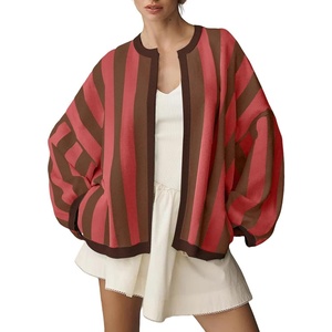 image:imagechouyatou Womens Color Block Striped Cardigan Open Front Loose Fit Cozy Knit Cardigan Sweater JacketRed