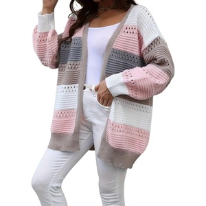 image:imagechouyatou Womens Color Block Striped Open Front Cardigan Preppy Casual Loose Knit Sweater CardiganPink