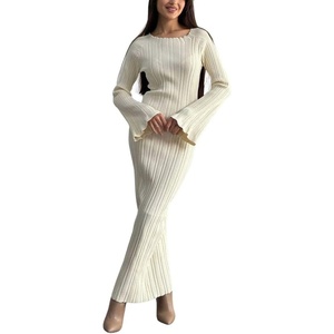 image:imagechouyatou Womens Crew Neck Ribbed Knit Maxi Dress Bell Long Sleeve Bodycon Sweater Long DressBeige
