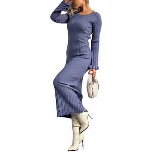 image:imagechouyatou Womens Crew Neck Ribbed Knit Maxi Dress Bell Long Sleeve Bodycon Sweater Long DressBlue