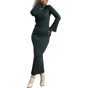 image:imagechouyatou Womens Crew Neck Ribbed Knit Maxi Dress Bell Long Sleeve Bodycon Sweater Long DressDark Green