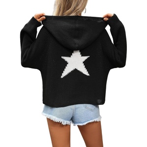 image:imagechouyatou Womens Cute Star Pattern Pullover Cropped Hoodie Sweater Kangaroo Pocket Knit Jumper TopsBlack