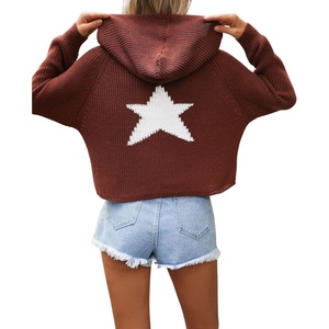 image:imagechouyatou Womens Cute Star Pattern Pullover Cropped Hoodie Sweater Kangaroo Pocket Knit Jumper TopsCoffee
