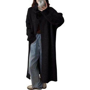 image:imagechouyatou Womens Elegant Lapel Maxi Cardigan Ribbed Knit Sweaters Open Front Long Trench Coat Outerwear CoatiganBlack