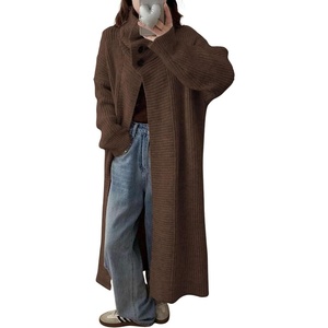 image:imagechouyatou Womens Elegant Lapel Maxi Cardigan Ribbed Knit Sweaters Open Front Long Trench Coat Outerwear CoatiganCoffee