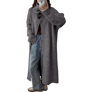 image:imagechouyatou Womens Elegant Lapel Maxi Cardigan Ribbed Knit Sweaters Open Front Long Trench Coat Outerwear CoatiganGray