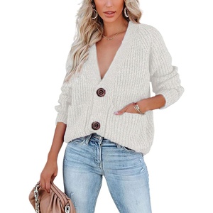 image:imagechouyatou Womens Fall Button Down Cardigan Sweater Loose VNeck Ribbed Chunky Knit Cardigan TopBeige