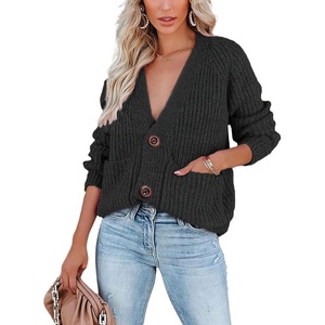 image:imagechouyatou Womens Fall Button Down Cardigan Sweater Loose VNeck Ribbed Chunky Knit Cardigan TopBlack