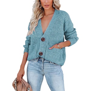 image:imagechouyatou Womens Fall Button Down Cardigan Sweater Loose VNeck Ribbed Chunky Knit Cardigan TopBlue