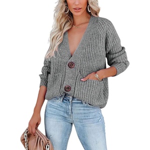image:imagechouyatou Womens Fall Button Down Cardigan Sweater Loose VNeck Ribbed Chunky Knit Cardigan TopGrey