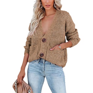 image:imagechouyatou Womens Fall Button Down Cardigan Sweater Loose VNeck Ribbed Chunky Knit Cardigan TopKhaki