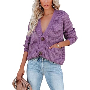 image:imagechouyatou Womens Fall Button Down Cardigan Sweater Loose VNeck Ribbed Chunky Knit Cardigan TopPurple