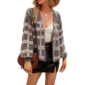 image:imagechouyatou Womens Fall Dressy Cardigan Sweater Plaid Fuzzy Open Front Knitted Cardigan TopDark Grey