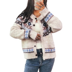 image:imagechouyatou Womens Fall Fluffy Fair Isle Cardigan Sweater Floral Button Down Chunky Knit Cardigan JacketApricot