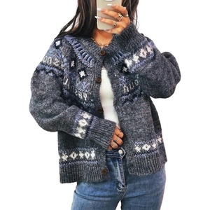 image:imagechouyatou Womens Fall Fluffy Fair Isle Cardigan Sweater Floral Button Down Chunky Knit Cardigan JacketDark Grey