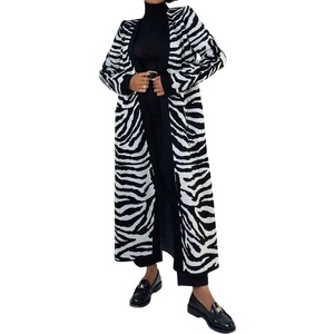 image:imagechouyatou Womens Fall Open Front Color Block Long Cardigan Sweater Casual Loose Striped Belted CoatiganBlack