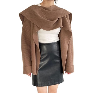 image:imagechouyatou Womens Open Front Ribbed Knit Asymmetrical Cardigans Slouchy Cape Cardigan Sweater with Attached ScarfBrown