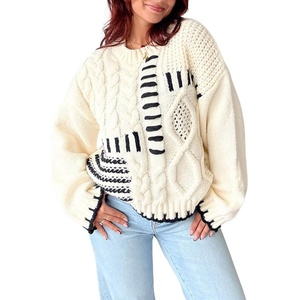 image:imagechouyatou Womens Oversized Cable Knit Sweater Crewneck Pullover Striped Sweater Jumper TopsBeige