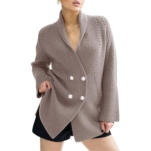 image:imagechouyatou Womens Shawl Lapel Business Casual Sweater Cardigan Double Breasted Knit Blazer Jacket CoatCoffee