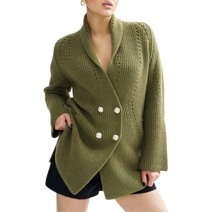 image:imagechouyatou Womens Shawl Lapel Business Casual Sweater Cardigan Double Breasted Knit Blazer Jacket CoatGreen