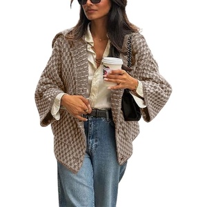 image:imagechouyatou Womens Vintage Lapel Plaid Cardigans Button Down Chunky Knit Cardigan Sweater Jacket Coat with PocketsDark Khaki