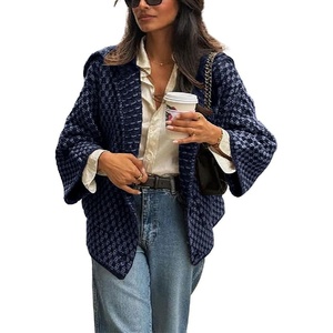 image:imagechouyatou Womens Vintage Lapel Plaid Cardigans Button Down Chunky Knit Cardigan Sweater Jacket Coat with PocketsNavy