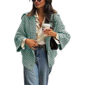 image:imagechouyatou Womens Vintage Lapel Plaid Cardigans Button Down Chunky Knit Cardigan Sweater Jacket Coat with PocketsSage Green