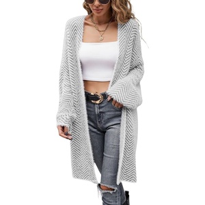image:imagechouyatou Womens Winter Fuzzy Midi Long Cardigan Herringbone Striped Sweaters Open Front Trench Coat Outerwear JacketGray