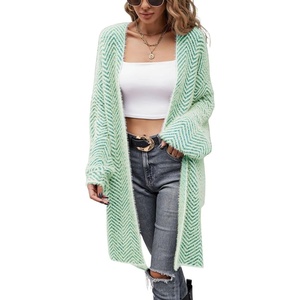 image:imagechouyatou Womens Winter Fuzzy Midi Long Cardigan Herringbone Striped Sweaters Open Front Trench Coat Outerwear JacketGreen