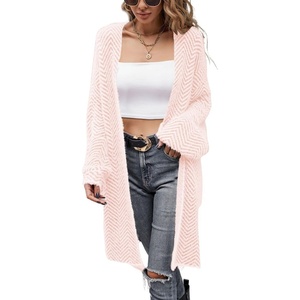 image:imagechouyatou Womens Winter Fuzzy Midi Long Cardigan Herringbone Striped Sweaters Open Front Trench Coat Outerwear JacketPink